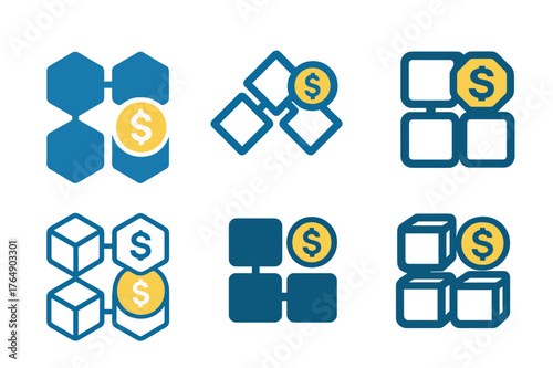 Blockchain Finance Logos. Blockchain and finance. Set Logo of Blockchain and finance: linked ledger blocks with coin. harmonious logo variations of the same