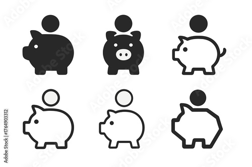 Piggy Bank Logos. Employee benefits. Set Logo of Employee benefits: Piggy bank with coin. harmonious logo variations of the same emblematic concept, each with
