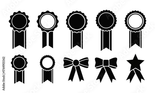 Collection of diverse monochrome vector awards, badges, ribbons, and star symbols for achievement and celebration