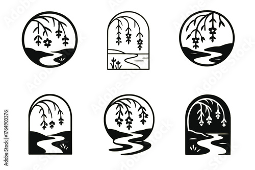 Blooming Stream Logos. Stream with blooming flowers. Set Logo of Stream with blooming flowers: Willow-shaded stream with hanging blossom reflections.