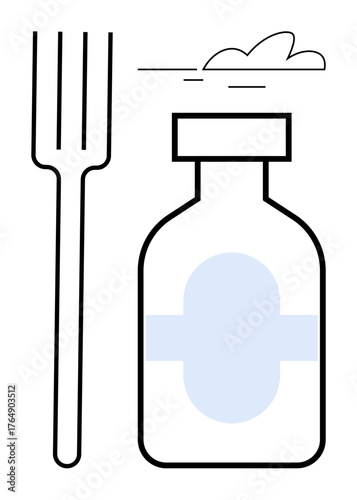 Fork and bottle with modest emphasis on clean design, ideal for themes thumbs up dining, food, cooking, kitchen, nutrition, healthy living, minimalism, and flat conceptual visuals