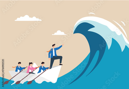Flat illustration of businessman captain point forward leading team to survive big wave storm