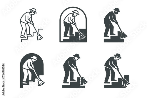 Stair Sweeping Logos. Sweeping the stairs. Set Logo of Sweeping the stairs: Senior using a long-handled broom on outdoor steps (safety-focused). harmonious