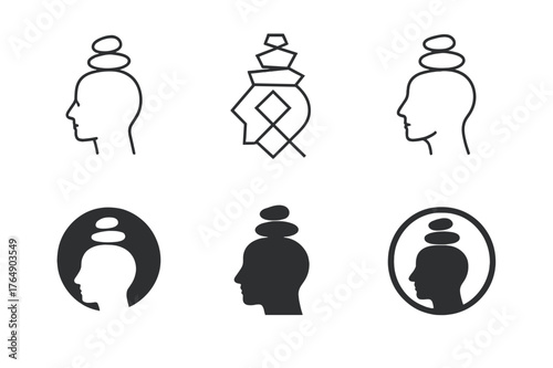 Mindfulness Logo Variations. improving mental focus and clarity for success. Set Logo of improving mental focus and clarity for success: balanced stones for