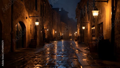 Narrow medieval street with ancient architecture and warm lamps lighting the old town at night in Europe