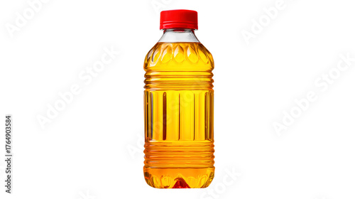 Plastic bottle filled with golden liquid and red cap isolated on a transparent background