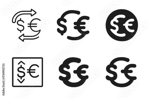 Currency Exchange Icons. Trade Policies. Set Logo of Currency Exchange: Minimal outline, Filled silhouette, Abstract geometric, Negative space, Flat solid,