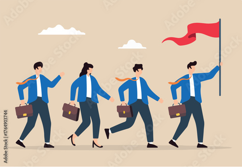Flat illustration of businessman leader holds winner flag leading team toward success and motivation