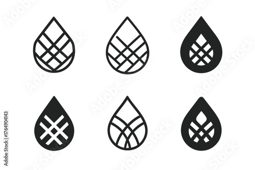 Ethical Fashion Logos. ethical fashion. Set Logo of ethical fashion: water droplet with fabric weave symbol. Icon set. harmonious logo variations of the same