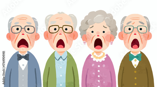 놀라움과 충격에 빠진 네 명의 노인들의 얼굴 표정을 담은 벡터 일러스트레이션