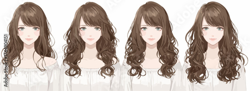 다양한 스타일의 웨이브 헤어스타일을 보여주는 아름다운 여성 일러스트