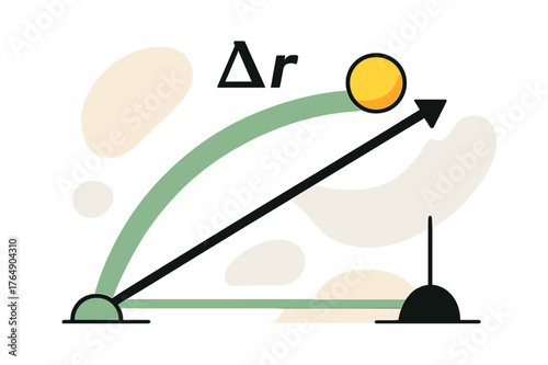 Ball's Dynamic Arc. Projectile Motion Path. A ball arcs across air while a single vector shows direct displacement between start and landing. ??r? hovers above