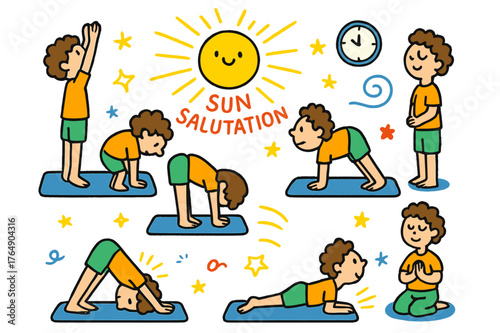 Sun Salutation Yoga. Sun salutation sequence. Colorful Hand-drawn doodle Children illustration Sun salutation sequence yoga poses, stretching arms, bending