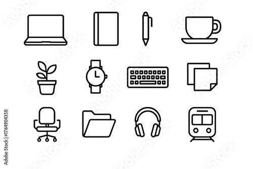 Workday Essentials Icons. Workday Scenes. Line icon set of Workday Scenes: laptop, notebook, pen, coffee cup, desk plant, wristwatch, keyboard, sticky notes,