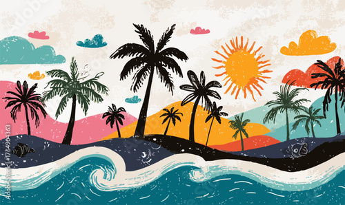 생동감 넘치는 다채로운 색감의 벡터 일러스트레이션이 야자수 실루엣과 넘실거리는 파도, 빛나는 태양이 어우러진 열대 해변의 평화로운 여름 풍경을 아름답게 표현하며 휴가 분위기를 자아냅니다.
