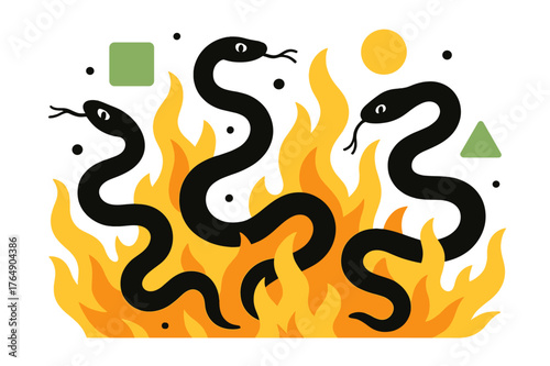 Fiery Serpent Dance. Writhing Serpents in Fire. Serpents slithering through blazing flames with floating abstract geometric shapes and glowing embers, dramatic