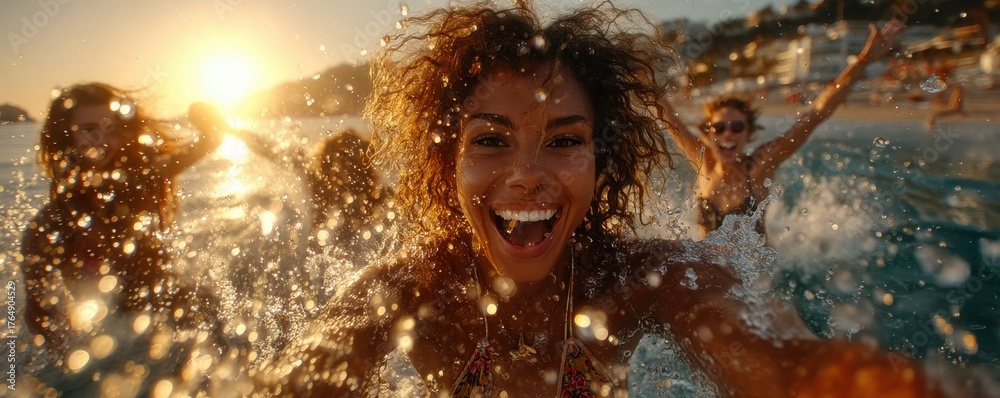 Obraz premium Group of friends enjoying a fun beach day with ocean splashes