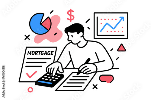 Mortgage Calculation Art. Mortgage Paper. Person calculating mortgage payments with floating abstract graphs and geometric symbols, focused financial analysis