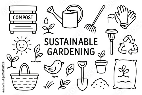 Sustainable Gardening Icons. Sustainable gardening. Hand-drawn doodle illustration sustainable gardening compost bin, watering can, gloves, rake, seedlings,