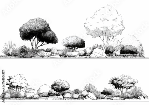 이 흑백 벡터 일러스트레이션은 다양한 종류의 나무, 관목, 그리고 자연스러운 바위들을 섬세한 선으로 표현하여 건축 및 조경 디자인 프로젝트의 배경이나 요소로 활용하기에 이상적입니다.