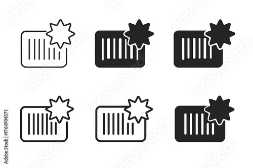 Harmonious Logo Variations. New arrivals display. Set Logo of New arrivals display: barcode ticket with starburst corner. Icon set. harmonious logo variations