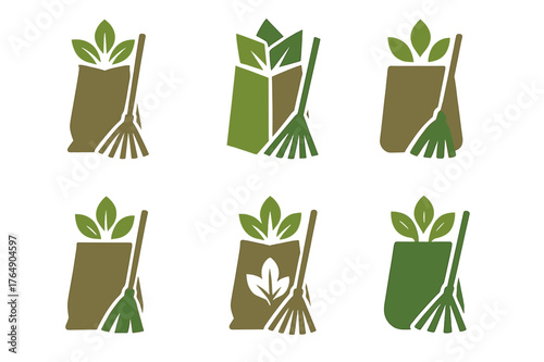 Leaf Raking Logos. Raking leaves. Set Logo of yard waste paper bag: harmonious logo variations of the same emblematic concept, each with different artistic