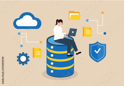 Flat illustration of businesswoman works with laptop on database system cloud computing secure data storage administration