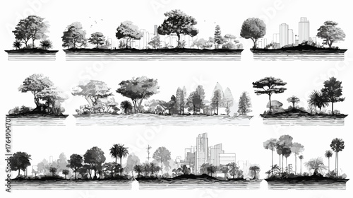 다양한 종류의 나무와 도시 경관 실루엣이 조화롭게 어우러진 벡터 일러스트레이션으로 자연과 도시의 공존을 표현합니다.