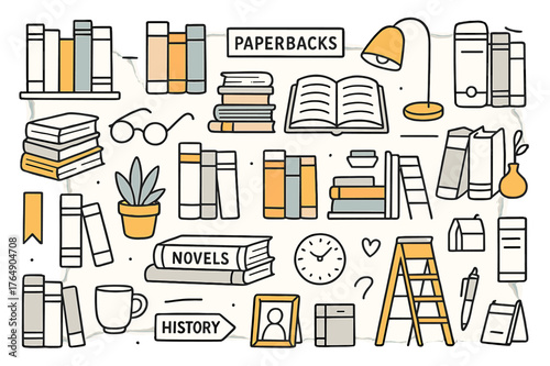 Cozy Bookshelf Doodle. Bookshelf display. Hand-drawn doodle illustration bookshelf (colored), hardcover books (colored), paperback books (colored), book spines