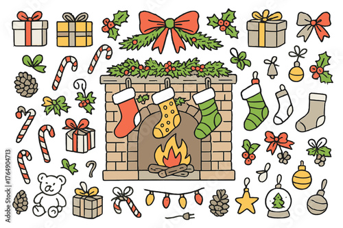 Festive Stockings and Hearth. Holiday stockings. Hand-drawn doodle illustration Christmas stockings (colored), fireplace (colored), mantel (colored), candy