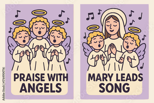 Angelic Choir Banners. Angelic Choir. Two vertical A6 banners with safe margins, centered composition, no elements touching edges, cartoon, lavender and cream,
