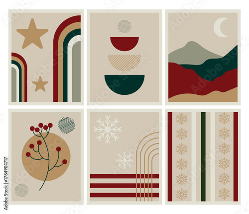 Modern minimalist Christmas wall art set with abstract shapes, stars, snowflakes, mountains, and berries in warm beige, red, and green tones. Perfect for home decor, cards, posters, and prints.