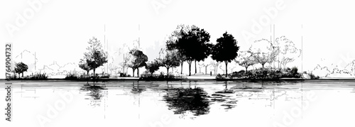 잔잔한 수면에 비친 흑백 나무들의 아름다운 풍경은 평화로운 자연의 정취를 섬세하게 담아낸 벡터 아트워크로, 고요함과 조화를 시각적으로 표현합니다.