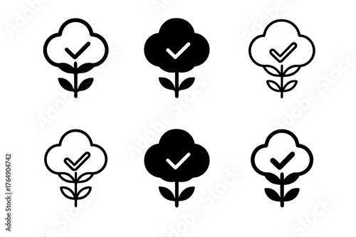 Ethical Fashion Logos. ethical fashion. Set Logo of ethical fashion: cotton plant with certification checkmark. Icon set. harmonious logo variations of the