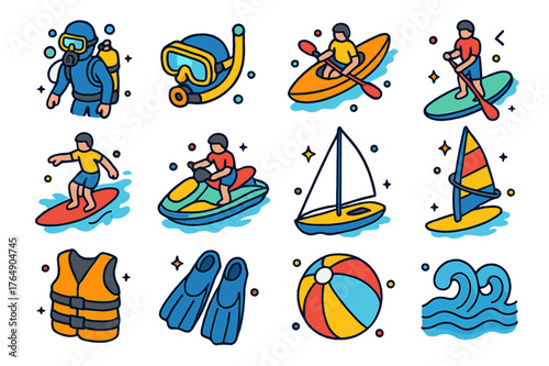 Water Adventure Icons. Water exploration. Colorful isometric vector icons set of water exploration: scuba diving, snorkeling, kayaking, paddleboarding,
