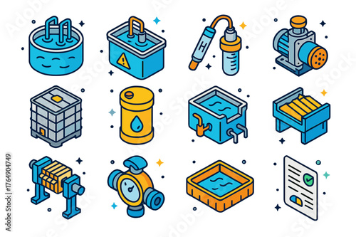Industrial Wastewater Icons. Industrial wastewater control. Colorful isometric vector icons set of Industrial wastewater control: equalization tank,