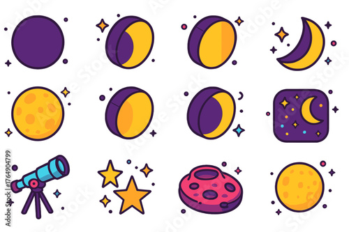 Moon Phases Icons. Moon study. Colorful isometric vector icons set of moon study: new moon, waxing crescent, first quarter, waxing gibbous, full moon, waning