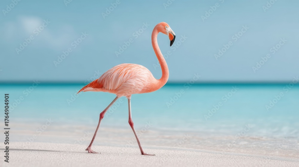 Fototapeta premium Elegant Flamingo Wading Along the Beach Shore Under a Clear Blue Sky, Capturing the Serene Beauty of Coastal Wildlife in a Tropical Paradise