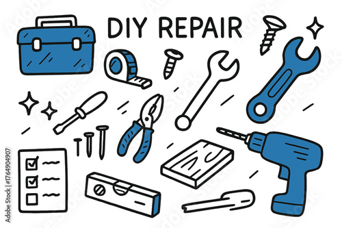 DIY Tools Doodle. // DIY repair. Hand-drawn doodle illustration DIY repair [toolbox (accented), tape measure (accented), screw (accented), screwdriver, nails,