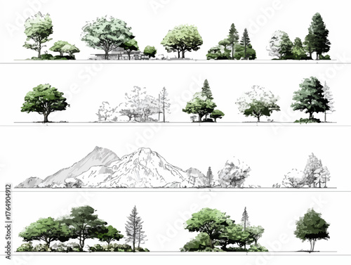 다채로운 형태와 크기의 나무들, 그리고 산봉우리가 조화를 이루는 자연 경관 요소를 섬세한 스케치와 깔끔한 벡터 스타일로 표현하여 조경 및 건축 시각화에 이상적인 예술적 자원 컬렉션