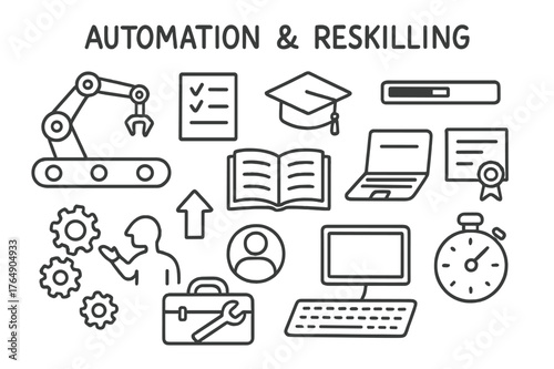 Automation and Reskilling Icons. Automation & reskilling. Hand-drawn doodle illustration automation & reskilling conveyor arm, checklist, progress bar,