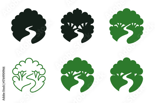 Amazon Rainforest Logos. Amazon rainforest. Set Logo of Amazon rainforest: winding river through canopy. harmonious logo variations of the same emblematic