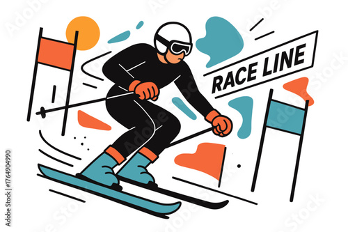 Dynamic Slalom Art. Slalom Race Gates. Knees drive, hips snap; colored gates blur into a zigzag rhythm. A crisp ?Race Line? tag slices through the air. Modern