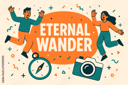 Eternal Wander Adventure Banner. Eternal wander banner, flat vector illustration, bold oversized text inside rounded blob, cartoon characters jumping and