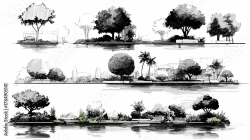 물 위에 떠 있는 섬처럼 보이는 다양한 나무와 식물들을 흑백 스케치 기법으로 섬세하게 묘사한 예술적인 풍경 디자인 벡터 일러스트레이션입니다.