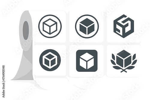 Diverse Label Designs. Packaging labels layout. Set Logo of Packaging labels layout: a roll of adhesive labels unfurling. harmonious logo variations of the