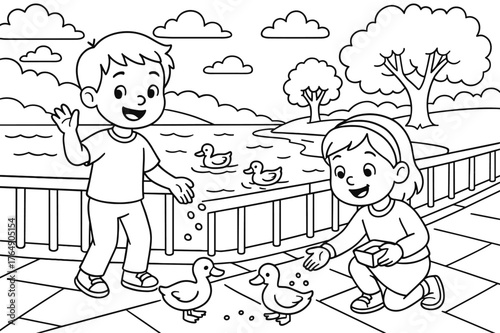 Riverside Coloring Fun. Embankment children?s coloring book illustration, outlined drawing, a peaceful riverside walkway with smiling kids feeding ducks near