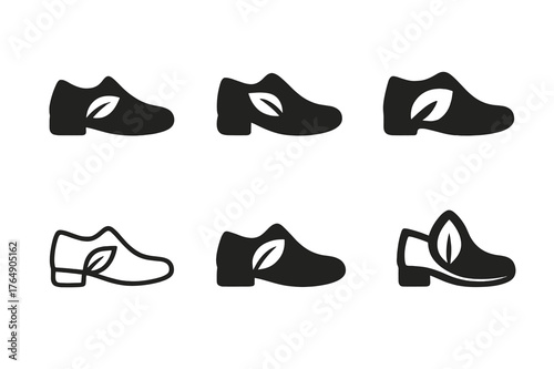 Vegan Shoe Logos. ethical fashion. Set Logo of ethical fashion: vegan shoe with leaf emblem. Icon set. harmonious logo variations of the same emblematic