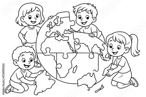 Children Assembling World Puzzle. World map puzzle children?s coloring book illustration, outlined drawing, continents shaped as puzzle pieces being placed