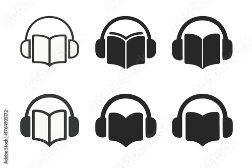 Audiobook Logo Concepts. Books and Reading. Set Logo of Books and Reading: a book with headphones (audiobook concept). harmonious logo variations of the same